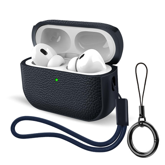 Case for AirPods Pro 3 (2025 Release), Leather-Texture TPU Shockproof Protective Cover with Keychain, Wrist Strap, Front LED Visible - Navy Blue