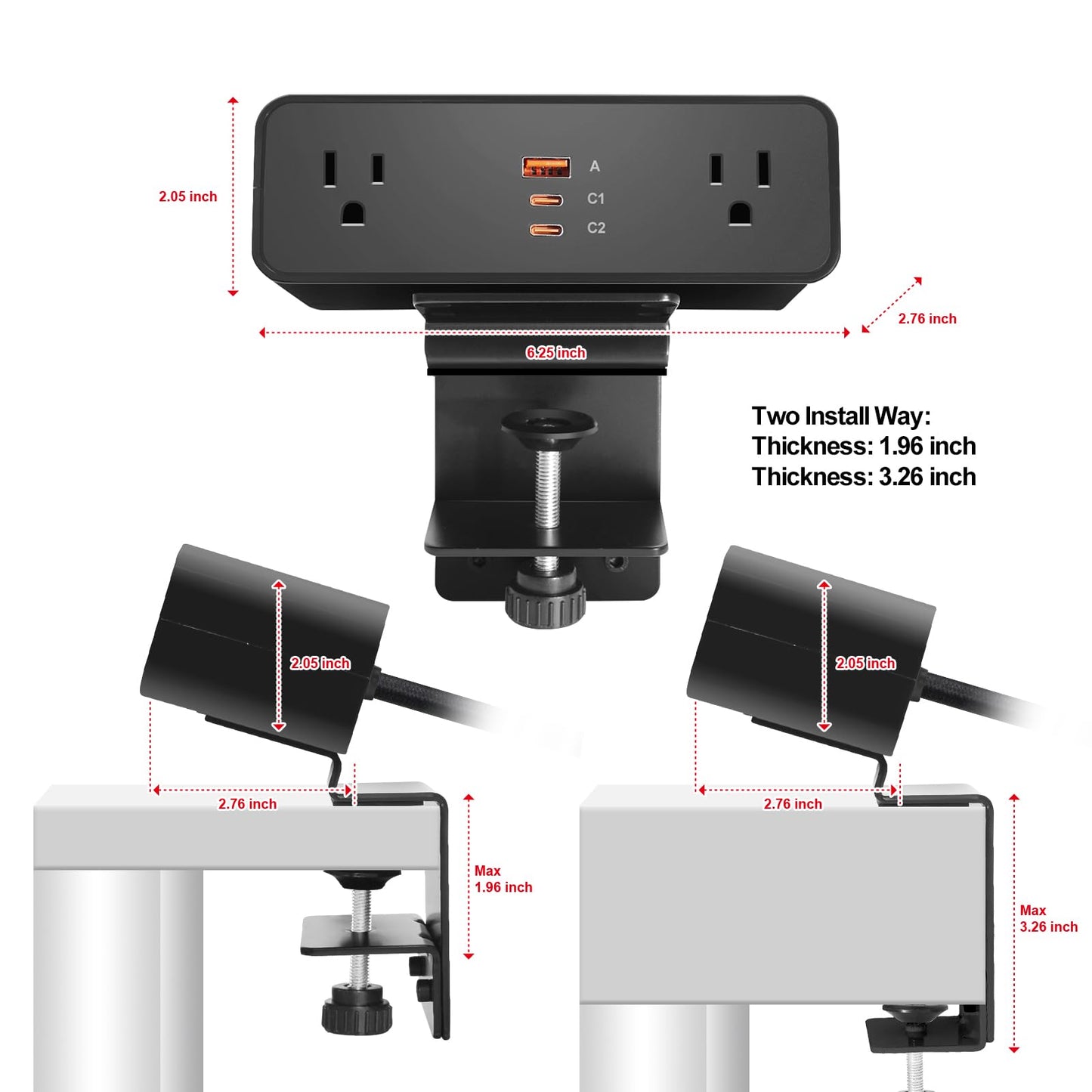 Desk Clamp Power Strip USB C 100W, Desktop Edge Mount Fast Charge Station 3 PD USB Port 2 AC Outlets 6ft Braided Extension Cord Flat Plug Fit Max
