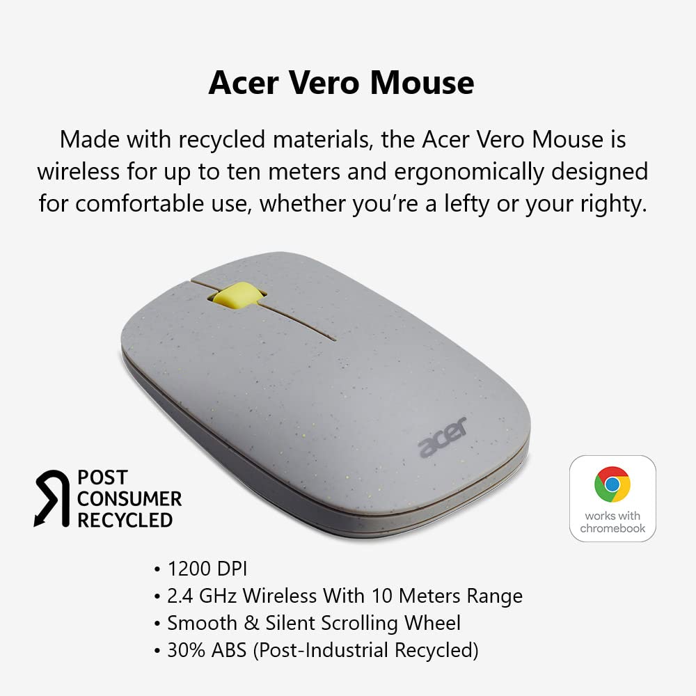 acer Vero 3 Button Mouse | 2.4GHz Wireless | 1200DPI | Made with Post-Consumer Recycled (PCR) Material | Certified Works with Chromebook | Gray