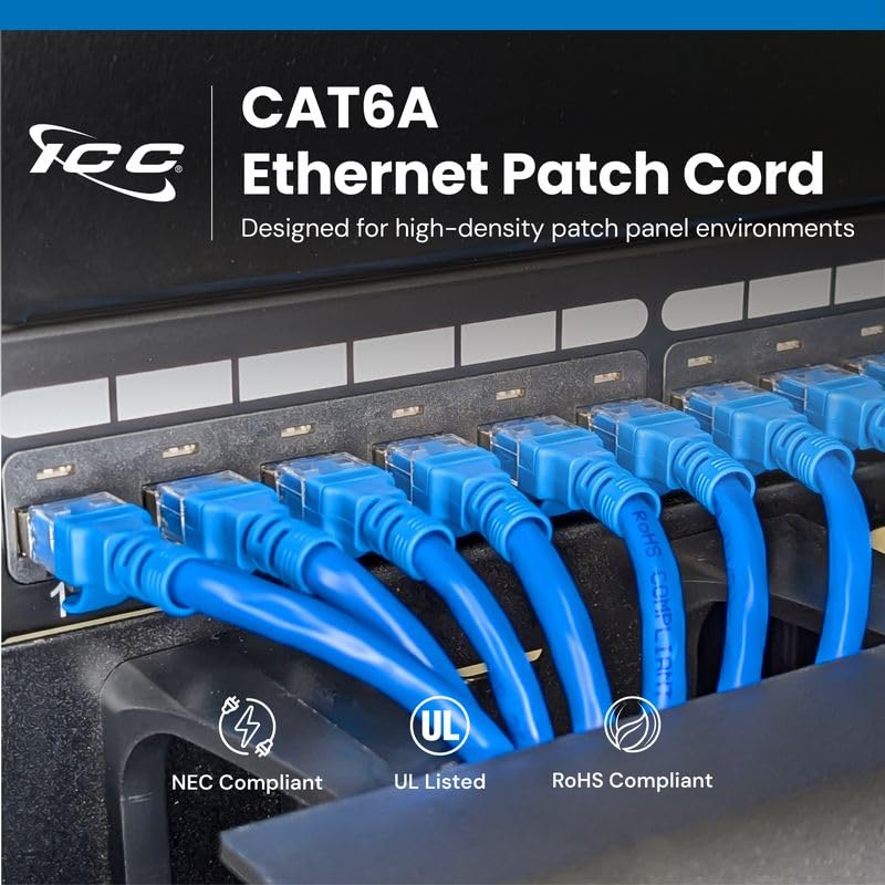ICC CAT6A U/FTP RJ45 Ethernet Patch Cord, 500 MHz, 5 FT, Blue, 10-Pack