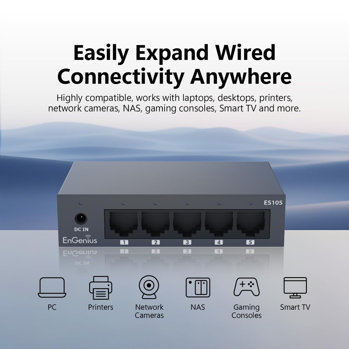 EnGenius 5-Port Gigabit Unmanaged Switch (ES105) | 5X GE Ports high-Speed Connections | Plug and Play | fanless Silent Operation | IEEE 802.3az Energy