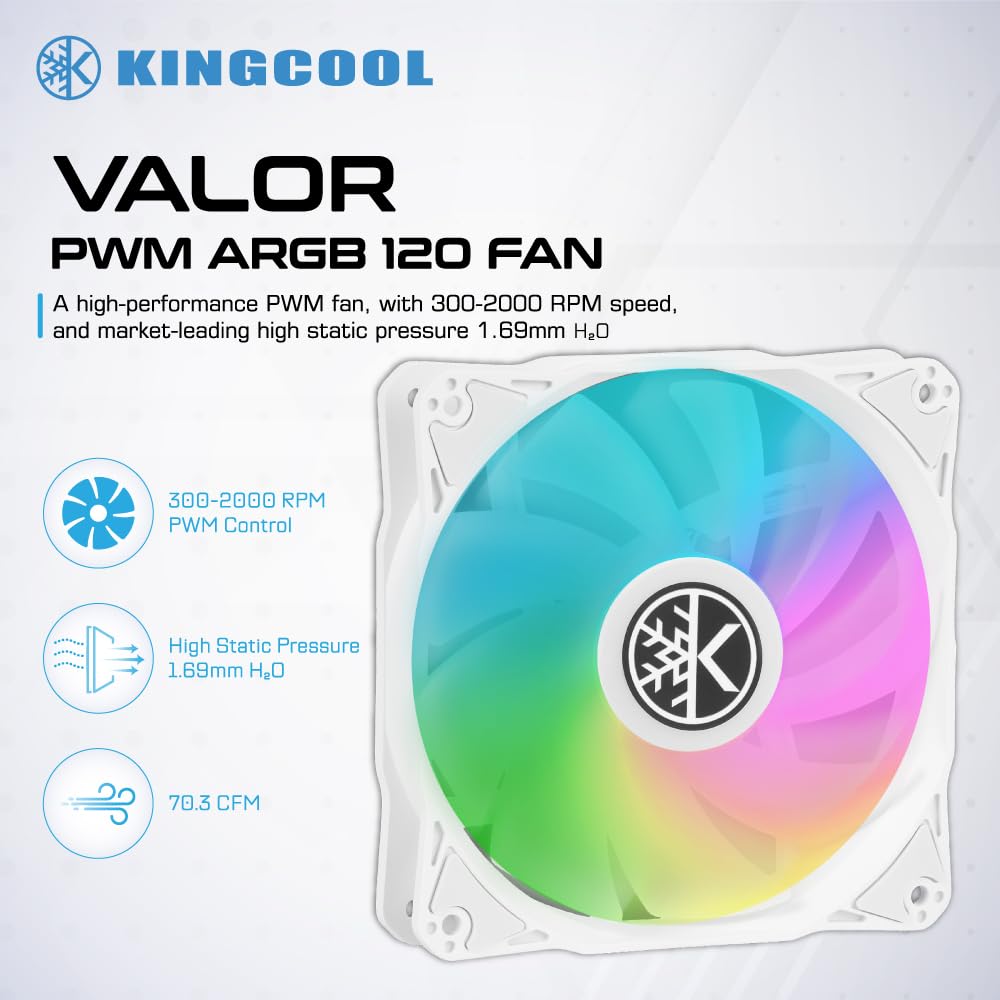 KINGCOOL Valor PWM 120mm ARGB Cooling Fan - FDB Bearing, High Airflow, Low Noise, 4-Pin, Up to 2000 RPM PC Cooling Fan for Computer Case Radiator CPU