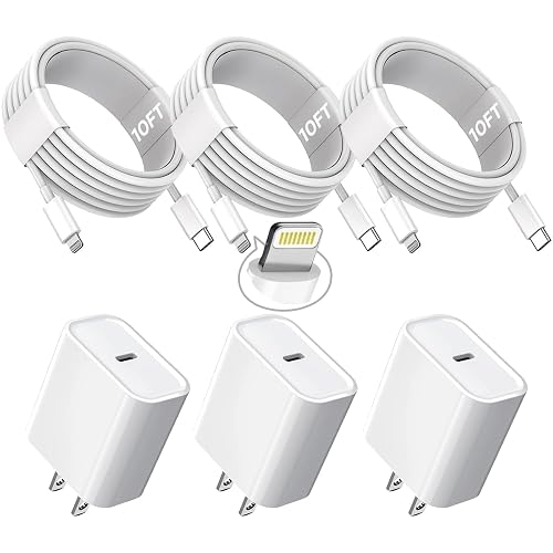 10FT iPhone Fast Charger,3Pack Extra Long[Apple MFi Certified]iPhone Charger Fast Charging Quick 10Foot USB C to Lightning Cable Cord Adapter Block