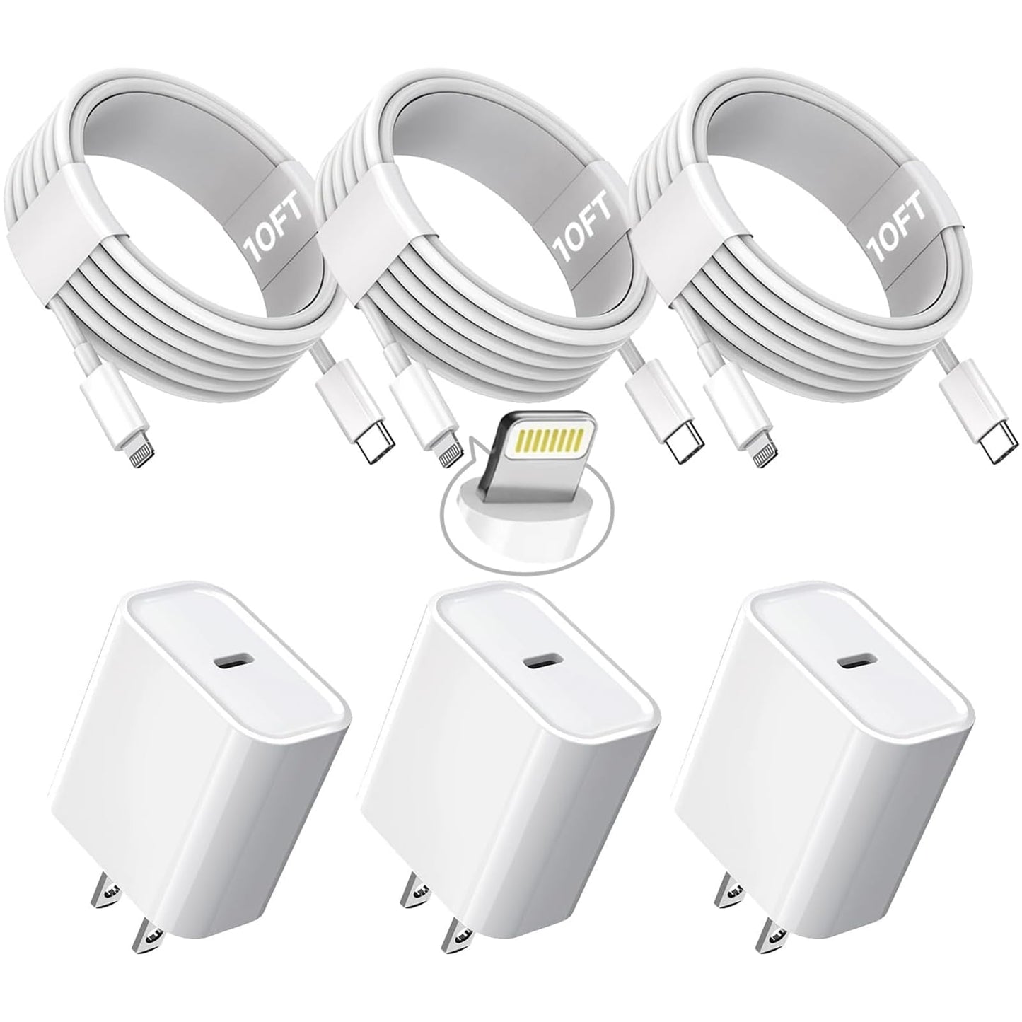 10FT iPhone Fast Charger,3Pack Extra Long[Apple MFi Certified]iPhone Charger Fast Charging Quick 10Foot USB C to Lightning Cable Cord Adapter Block