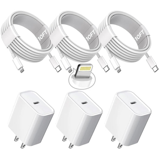 10FT iPhone Fast Charger,3Pack Extra Long[Apple MFi Certified]iPhone Charger Fast Charging Quick 10Foot USB C to Lightning Cable Cord Adapter Block