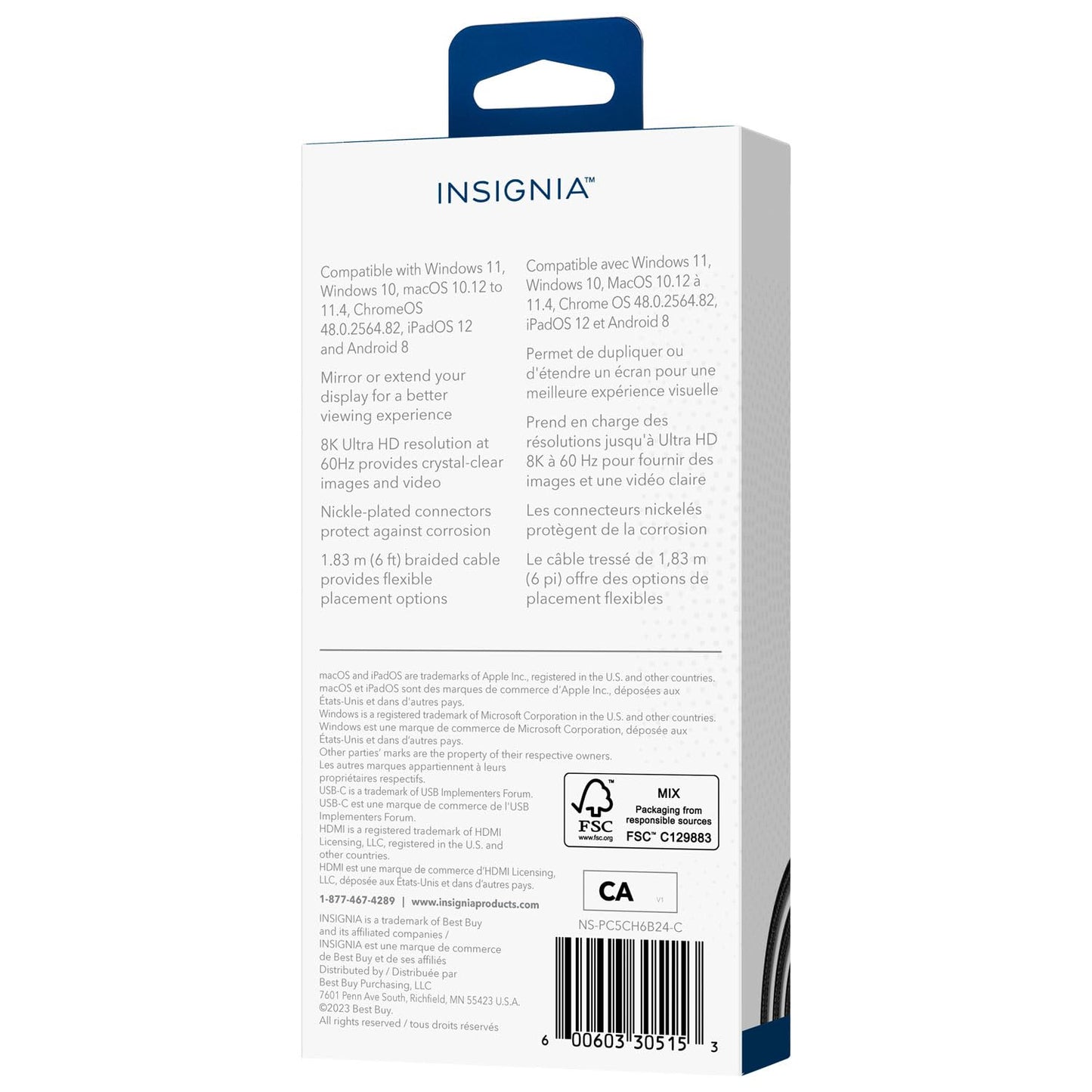 INSIGNIA 6 ft. 8K Ultra HD USB-C to HDMI 2.1 Braided Cable, 8K High-Resolution, 48Gbps high-Speed Data Transfer, Gold Plated connectors for Laptop