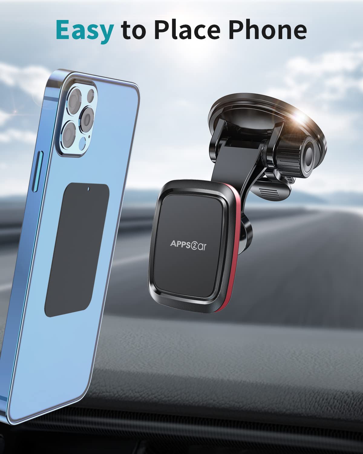 APPS2Car Magnetic Car Phone Mount with Adjustable Arm & 6 Strong Magnets Universal Dashboard Windshield Cell Phone Holder Compatible with All