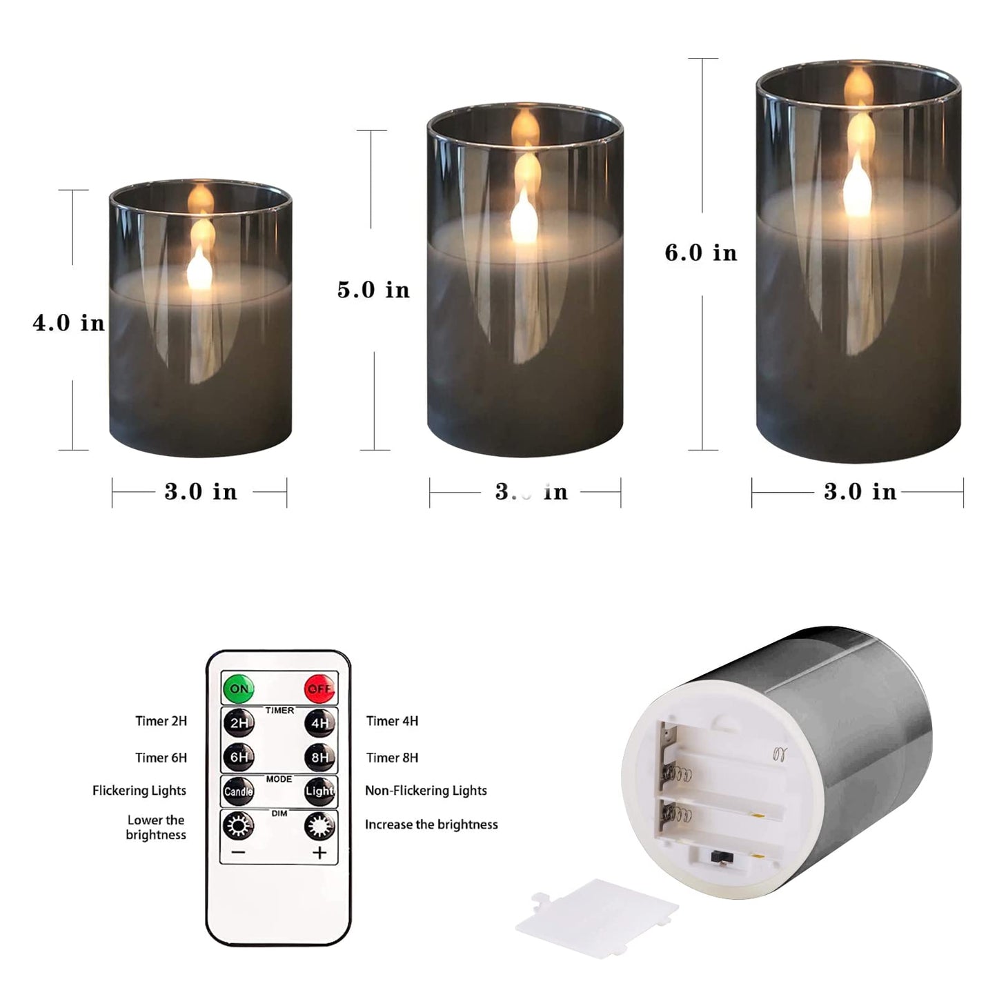 HIYAA LED Flameless Candles, Gray Glass Battery Operated Candles Flickering with Remote, 3D Wick Realistic Warm Light LED Candles Flickering