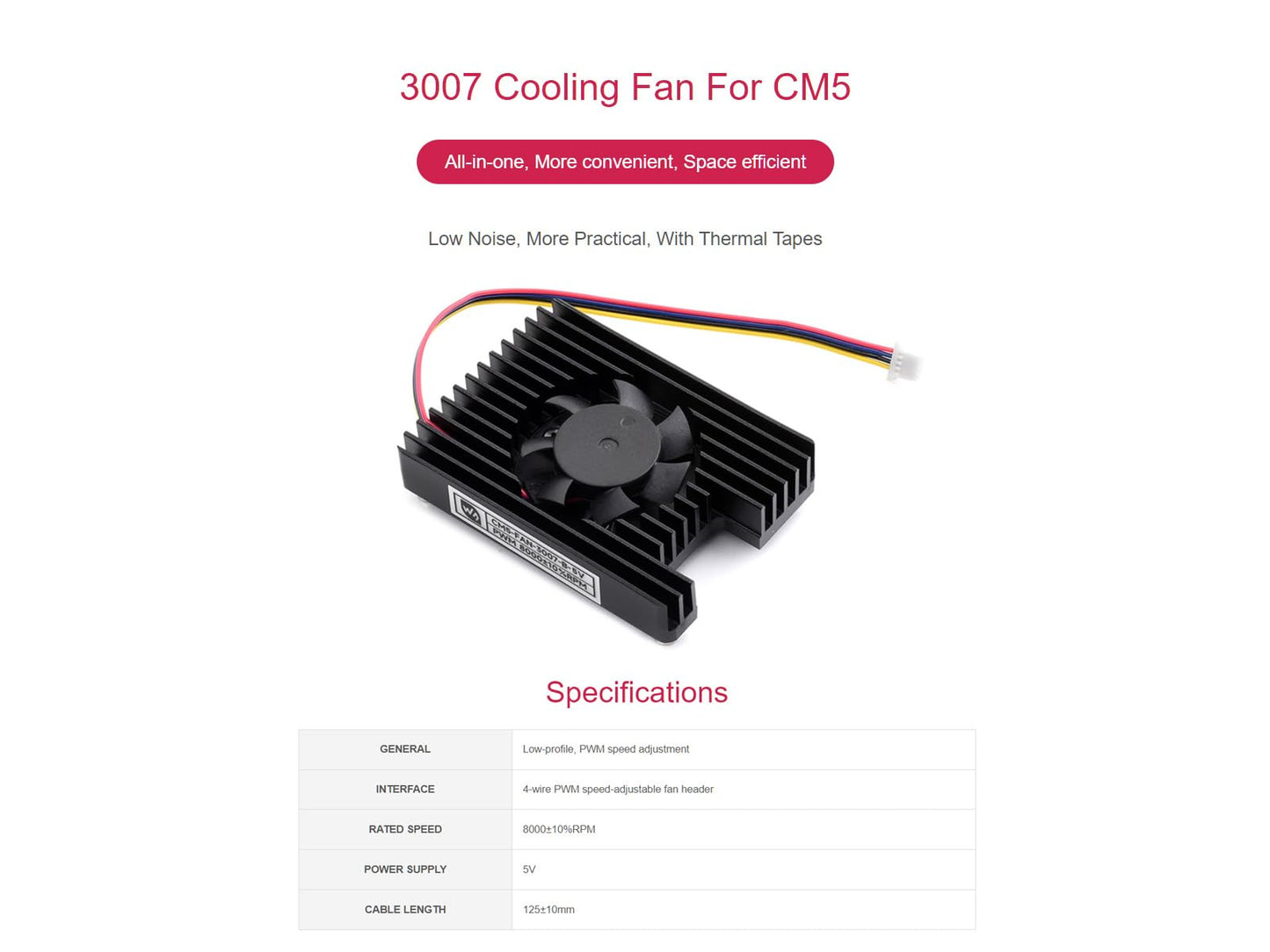 waveshare Cooling Fan for Raspberry Pi Compute Module 5, CM5 Heatsink All-in-one Cooler Cooling Fan with Thermal Tapes, 8000±10% RPM, PWM Speed