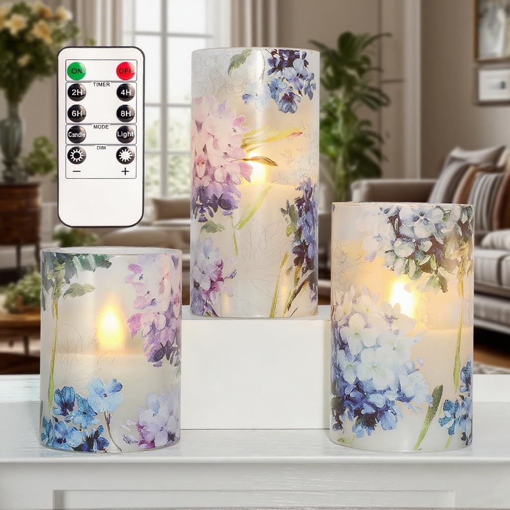 GORGE MOMENT Blue Violet Hydrangea Flameless Candles LED Flicker with Remote DIM Love Theme Summer Spring Decorative Glass Decor Wedding Date Proposal