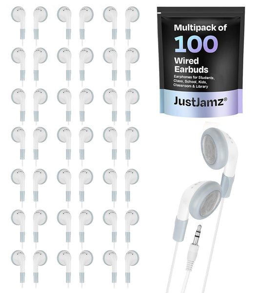 JustJamz Bulk Earbuds 100 Pack - Basic White Wired Ear Buds for Classroom, Students, and Schools - Comfortable Disposable Headphones - Multi Pack…
