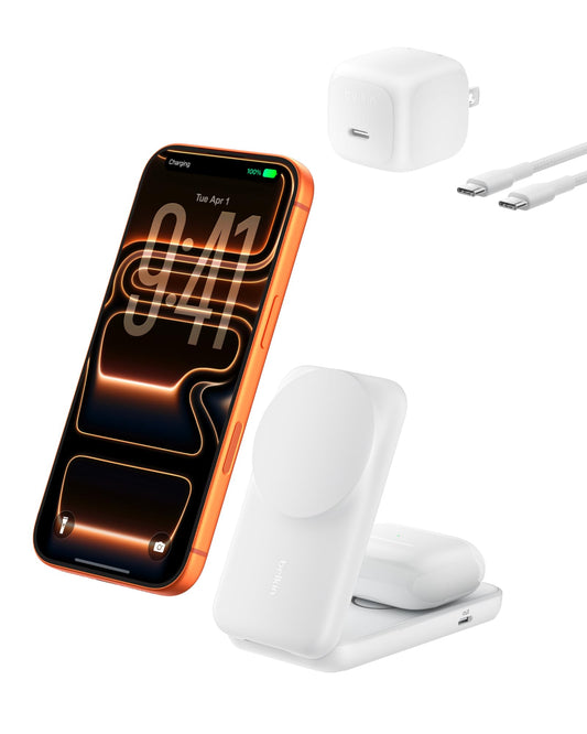Belkin MagSafe Charger, Compatible 2-in-1 Charging Station, Qi2.2 25W Magnetic Wireless Charger iPhone, Foldable Stand, with 5W USB-C Port, for iPhone