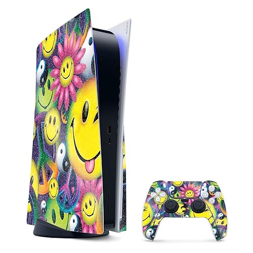MightySkins Glossy Glitter Gaming Skin for PS5 / PlayStation 5 Bundle - Peace Smile | Durable High-Gloss Glitter Finish | Easy to Apply and Change