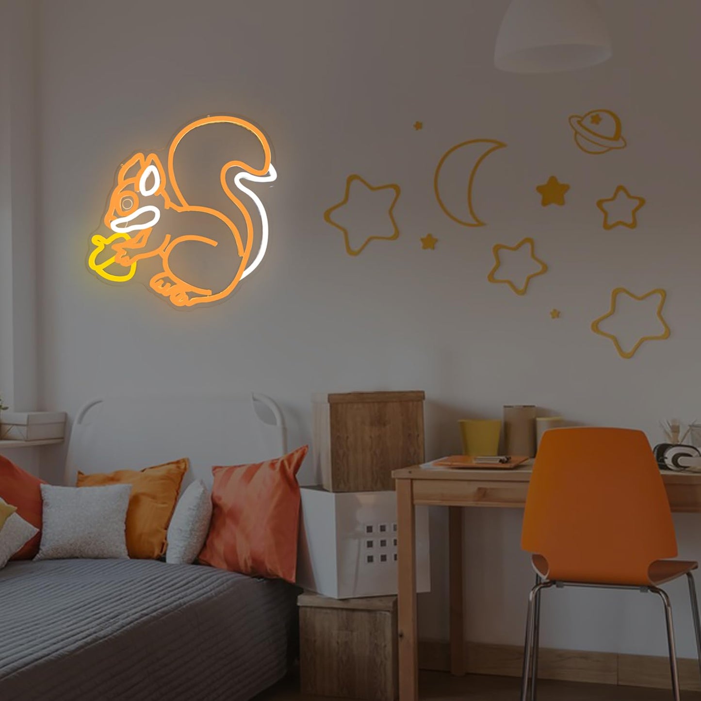 Squirrel Neon Sign for Wall Decor Squirrel Holding a Pine Cone Neon Light Dimmable Led Orange Lamp for Bedroom Cute Animal Light Up Sign for Christmas
