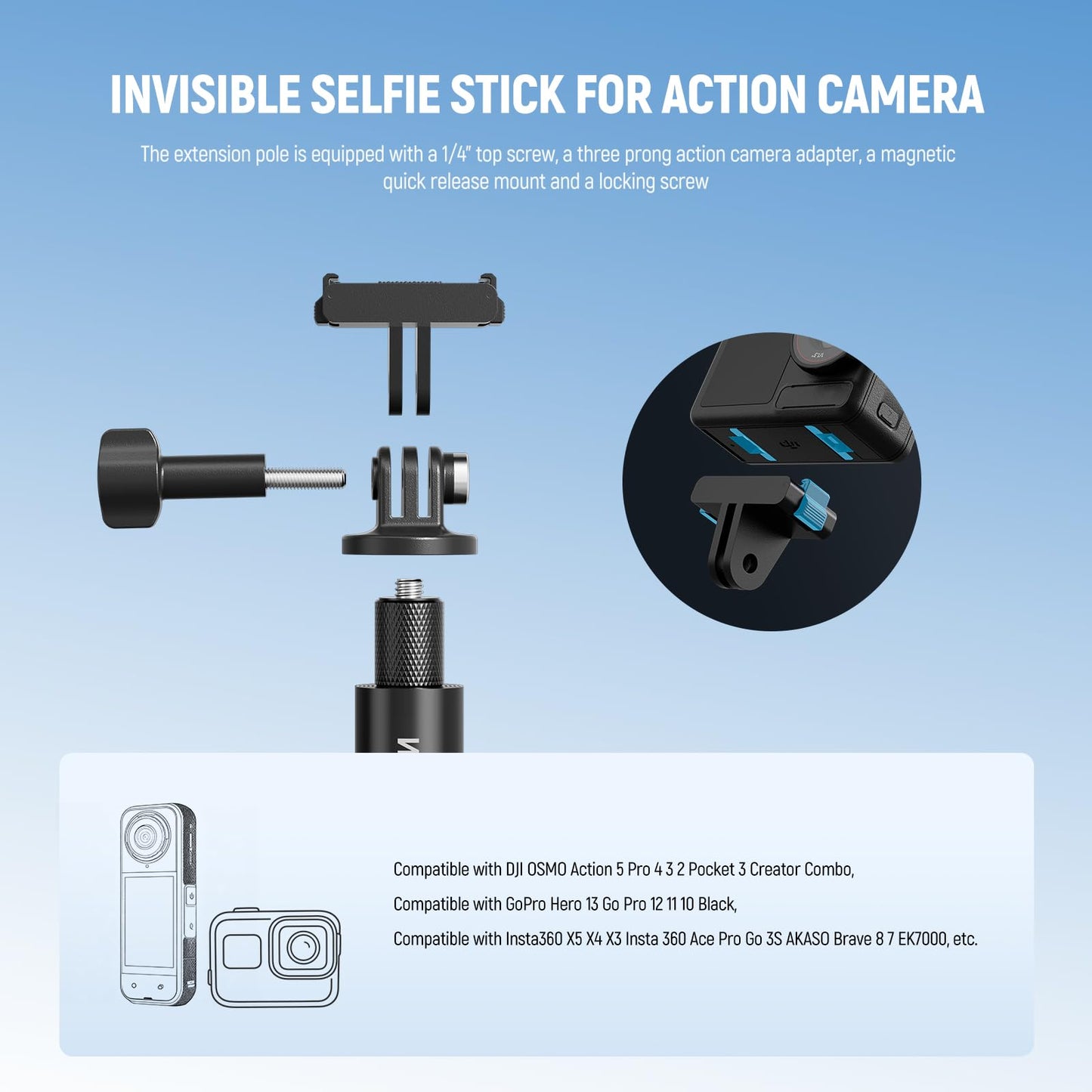 NEEWER Extension Rod Kit Compatible with DJI OSMO Action 5 Pro 4 3 GoPro Insta360 AKASO, 60.5" Invisible Selfie Stick, Action Camera Adapter