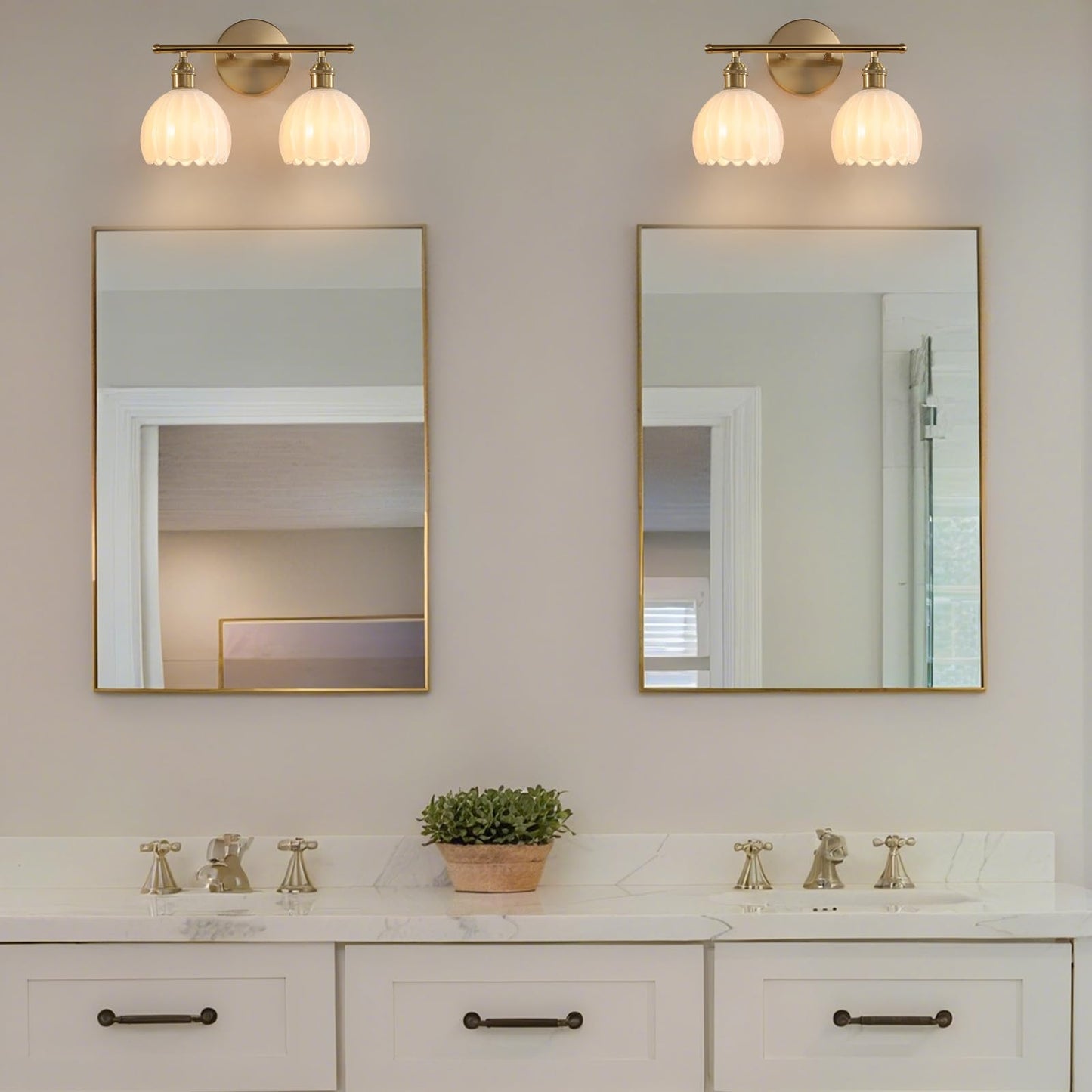 Rnidaipi Bathroom Light Fixtures, 2-Light Vanity Wall Light Over Mirror with White Tulip Glass Shade for Bedroom Living Room, Brass Gold