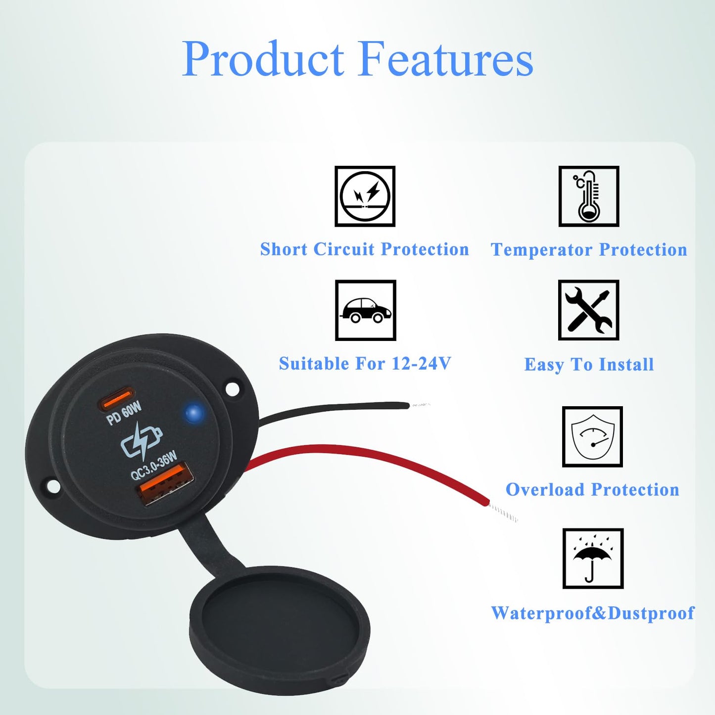 Dual USB Fast Charger Socket 12V 60W PD & QC3.0 Type-C USB-A Ports Car Boat Marine Power Adapter Blue LED