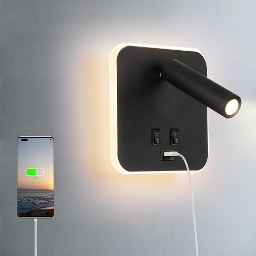 AIRTWESD USB Charging Port Wall Wash Light Black Bed LED with Interior Wall Adjustable Spotlight Reading lamp Wall lamp Bedroom Indoor Bedside Lamp