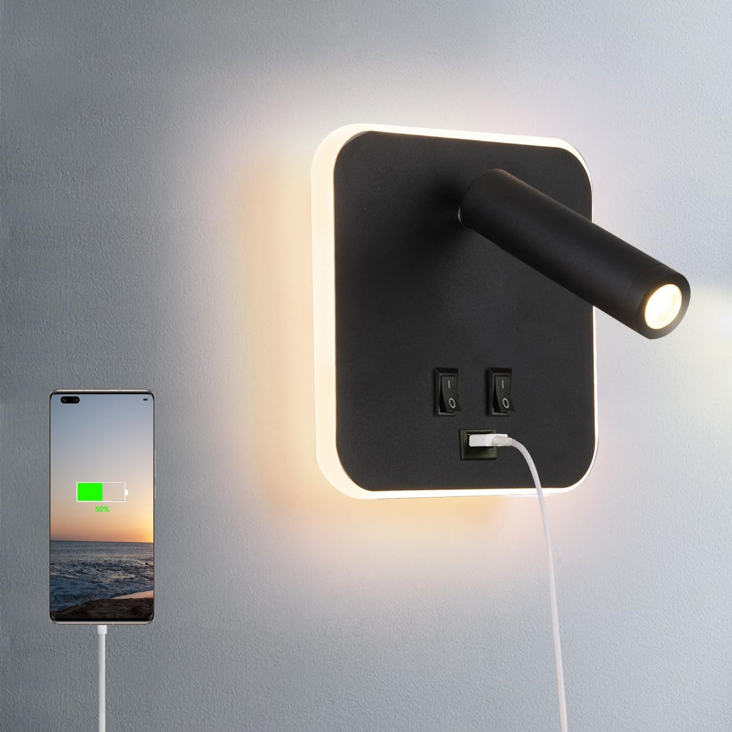 AIRTWESD USB Charging Port Wall Wash Light Black Bed LED with Interior Wall Adjustable Spotlight Reading lamp Wall lamp Bedroom Indoor Bedside Lamp