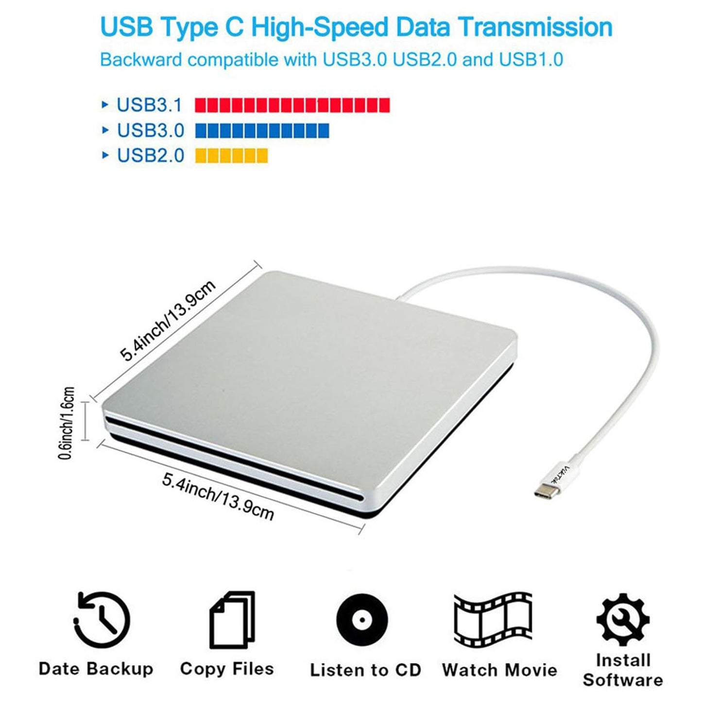 VikTck External USB-C SuperDrive DVD CD Drive Portable DVD CD Reader/Burner for Apple-MacBook Air/Pro/iMac/Mini/MacBook Pro/ASUS/DELL/Laptop