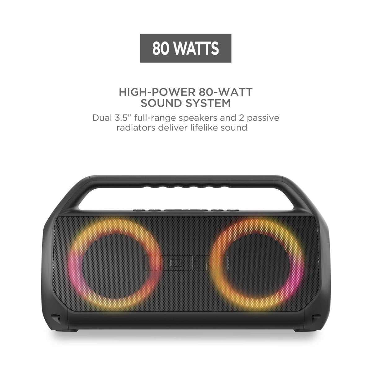 Ion Uber Boom Ultra - Water Resistant 80W Portable Bluetooth Party Speaker with Lights, Battery, Built-in Microphone, and AUX Input (Renewed)