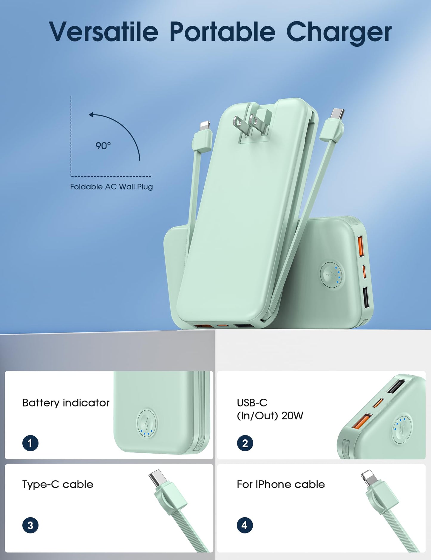 Nusyddy Portable Charger, 10000mAh PD20W Fast Charging Power Bank with Built-in Cables & Wall Plug, Travel Essentials External Battery Pack, USB C