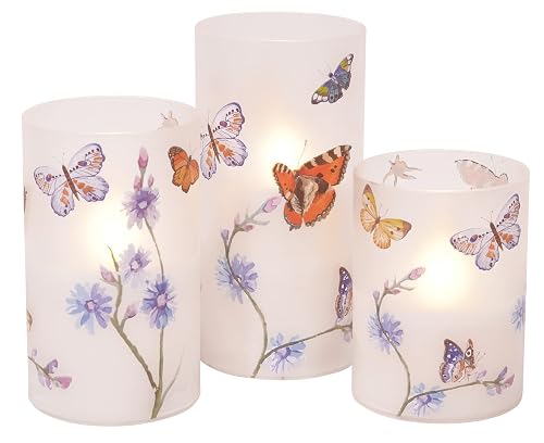 Mark Feldstein & Associates Butterflies and Wildflowers Flameless LED Glass Pillar Candles, Set of 3, 6 Inch