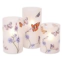 Mark Feldstein & Associates Butterflies and Wildflowers Flameless LED Glass Pillar Candles, Set of 3, 6 Inch