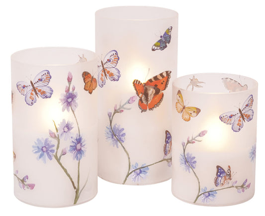 Mark Feldstein & Associates Butterflies and Wildflowers Flameless LED Glass Pillar Candles, Set of 3, 6 Inch