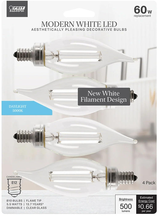 Feit Electric BPCFC60950CAWFIL/4 Daylight Flame Tip Exposed White Filament LED Bulb, Box of 4 Bulbs; 5.5W; 60W Equivalent; E12 Base; 5000K; 90 CRI
