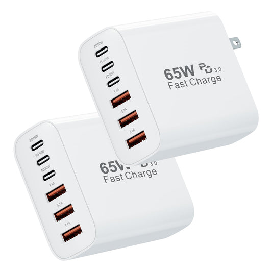 USB C Fast Wall Charger Block, 2-Pack 65W 6-Port USBC Wall Charger iPhone Charger Fast Charging PD Power Adapter+QC Wall Plug Multiport Type C Brick