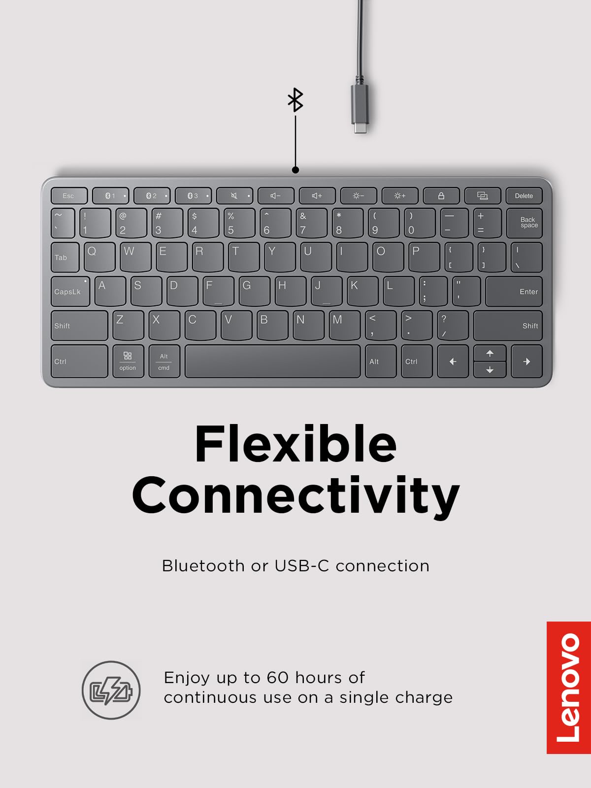 Lenovo Multi-Device Wireless Bluetooth Keyboard, Connect Up to 3 Devices Simultaneously, Compatible with iOS, Android, Windows, Slim Profile