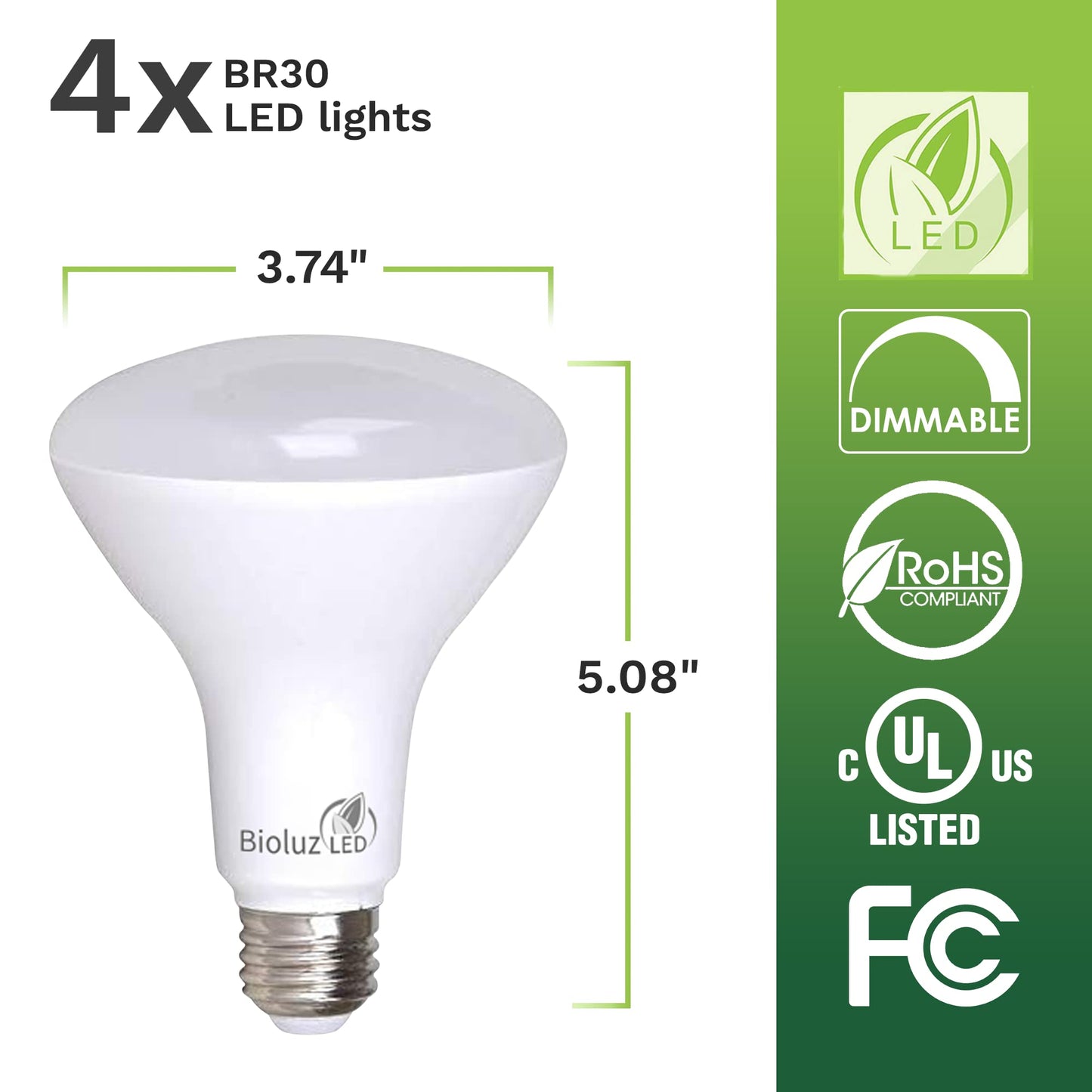 Bioluz LED 4 Pack BR30 LED Bulbs Indoor Flood Lights 90+ CRI 65W Equivalent uses 7.5W 2700K Warm White 650 Lumens E26 Base Dimmable Instant On