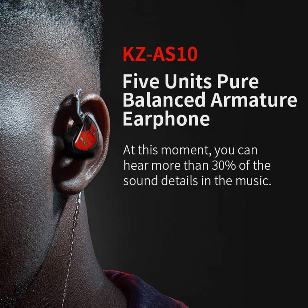 Linsoul KZ AS10 5BA HiFi Stereo in-Ear Earphone High Resolution Earbud Headphone with 0.75mm 2 pin Cable, Five Balanced Armature Drivers, Noise