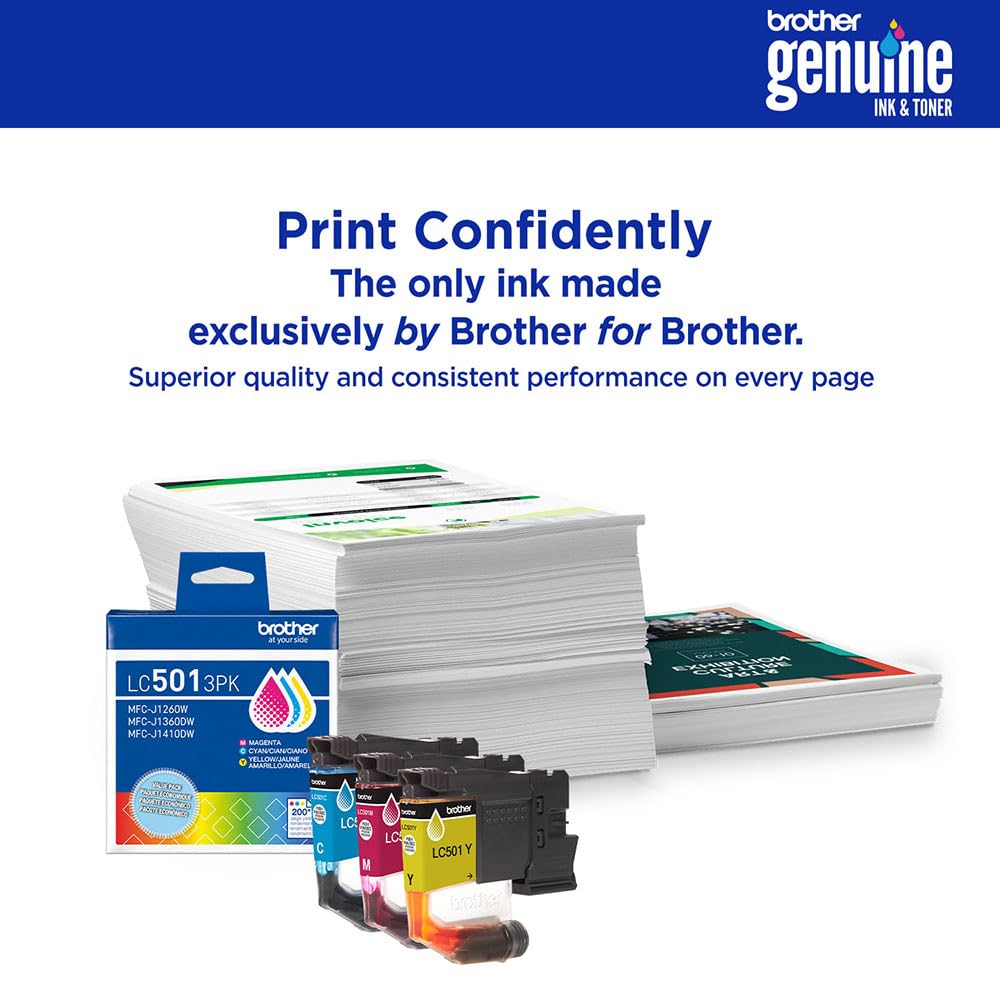 Brother Genuine LC501XL 3-Pack Color High Yield Ink Cartridges (Cyan, Magenta, Yellow) Bundle with Deco Essentials Printer eBook for MFC-J1260DW