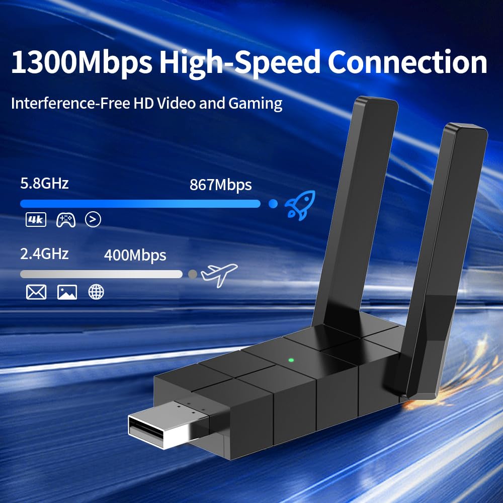 WiFi Adapter for Desktop PC, Wireless Adapter Wide-Coverage Dual Band 2.4GHz 400Mbps and 5GHz 867Mbps, USB 2.0, Dual High Gain Antenna, Supports