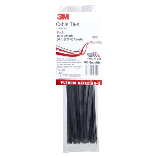 3M Cable Tie CT15BK50-C, Pack of 100 Ties, 15 inch Length, 50 lb Tensile, Black