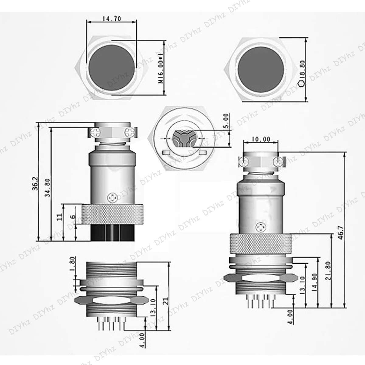 DIYhz GX16 6 Pins Panel Metal Mount Circular Metal Aviation Connector Adapter Male Female Plug Socket with Waterproof Cap (10 Pcs)