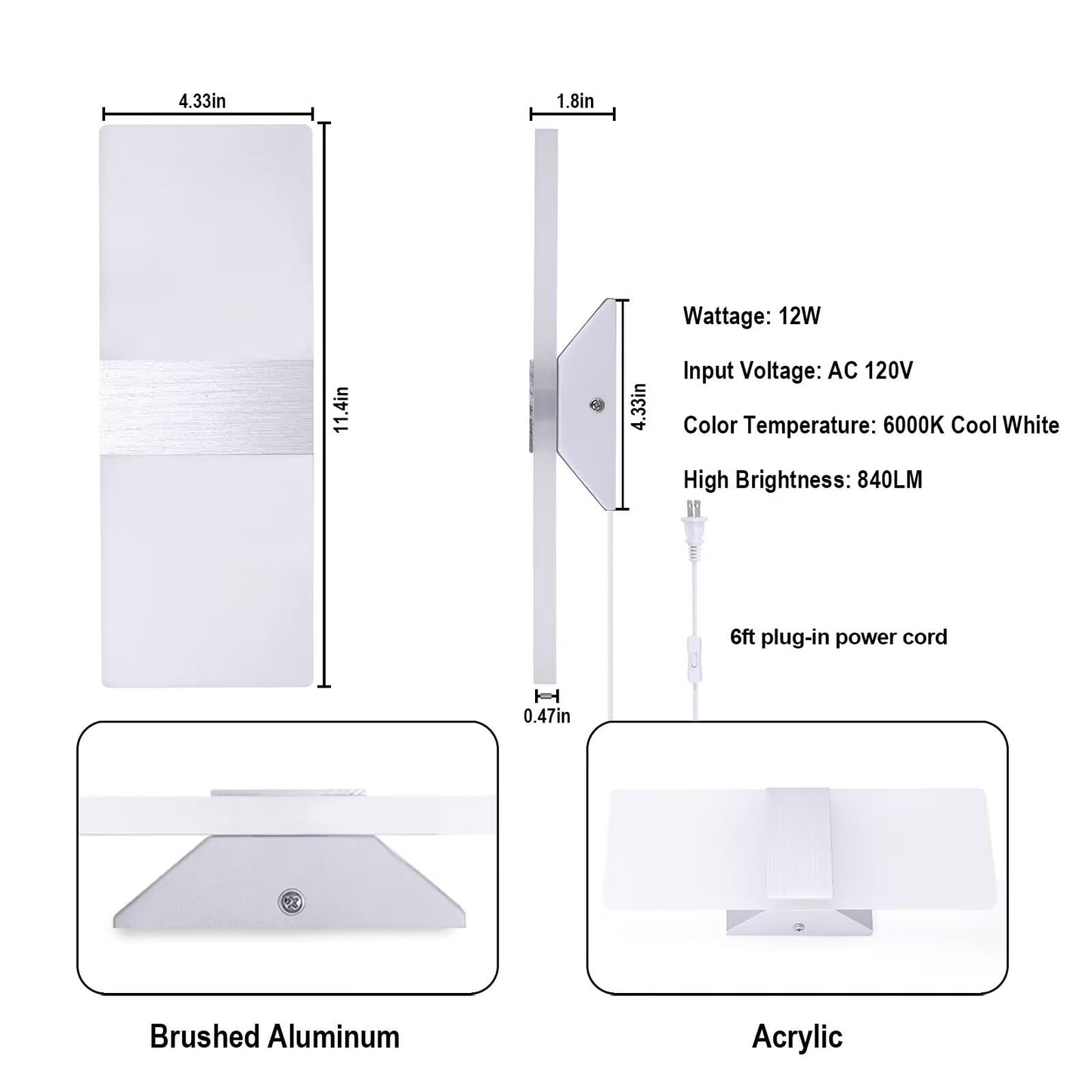 TRLIFE Wall Sconce Plug in, Modern Wall Sconce 12W Wall Mounted Light 6000K Cool White Acrylic LED Wall Lights with 6FT Plug in Cord and On/Off Switch