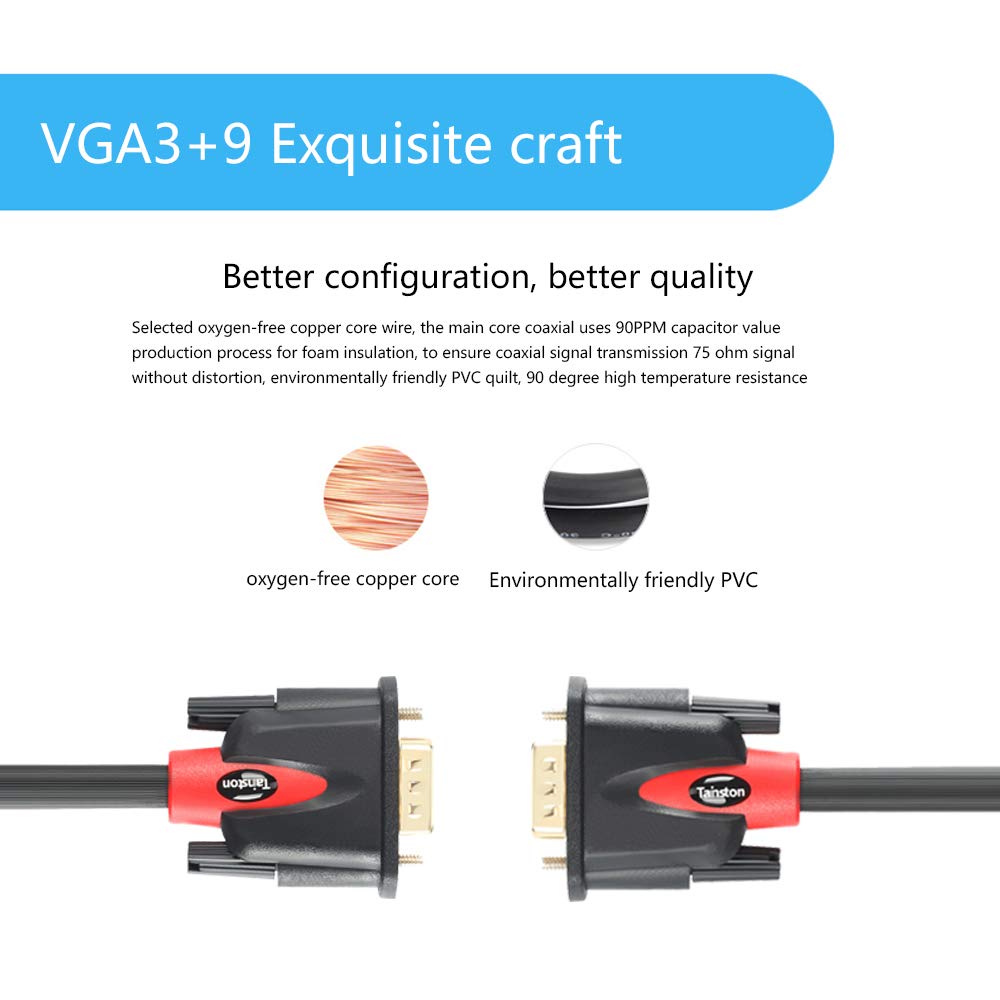 Tainston VGA to VGA Cable HD15 Monitor Cable with Ferrites Male to Male-6 Feet