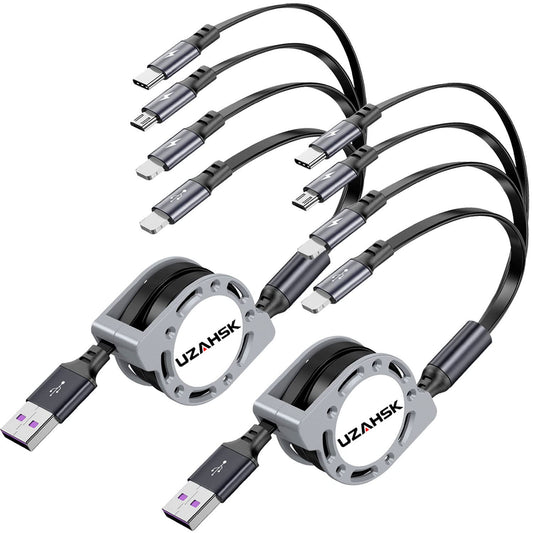 UZAHSK Multi Charging Cable 4A, 2Pack 4 in 1 Retractable Charging Cable Car Charger,Multi Charger Cord with Type-C/Micro-USB Port for iPhone 17 16 15