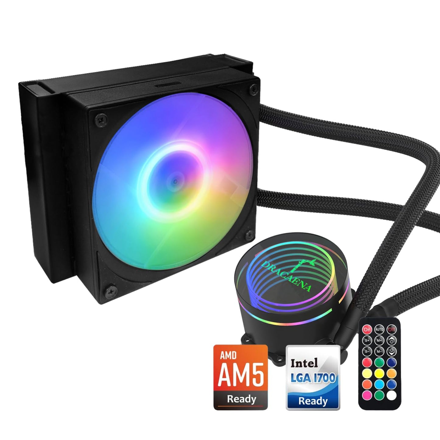 Dracaena.io 120mm AIO CPU Cooler - ARGB Remote Control, Quiet PWM ARGB Fan, Hydraulic Bearing Pump & Aluminum Radiator - for Intel