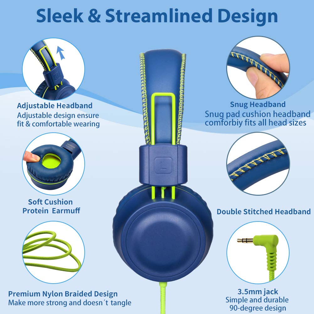 POWMEE M2 Kids Headphones Wired Headphone for Kids,Foldable Adjustable Stereo Tangle-Free,3.5MM Jack Wire Cord On-Ear Headphone