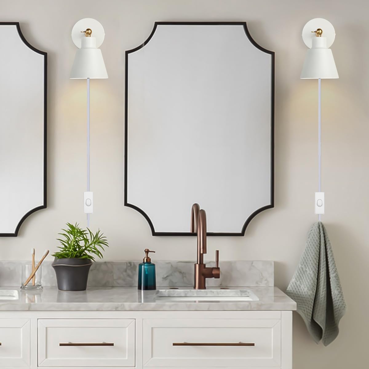 ClanKin Plug in Wall Sconces Lighting Set of 2, White Wood Style Wall Sconce Reading Lamp, Adjustable Wall Light for Bedroom Hallway Living Room (2