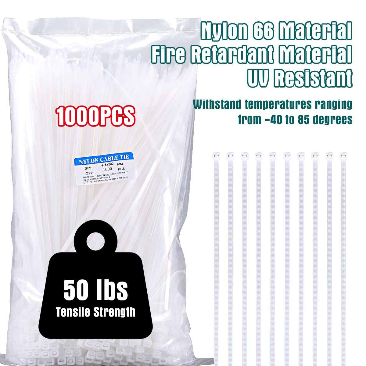 12 Inch White Zip Ties 1000 Pack Bulk, 50 lbs Heavy Duty Nylon Cable Ties, UV Resistant Self Locking Wire Ties for Commercial, Garden, Indoor Outdoor
