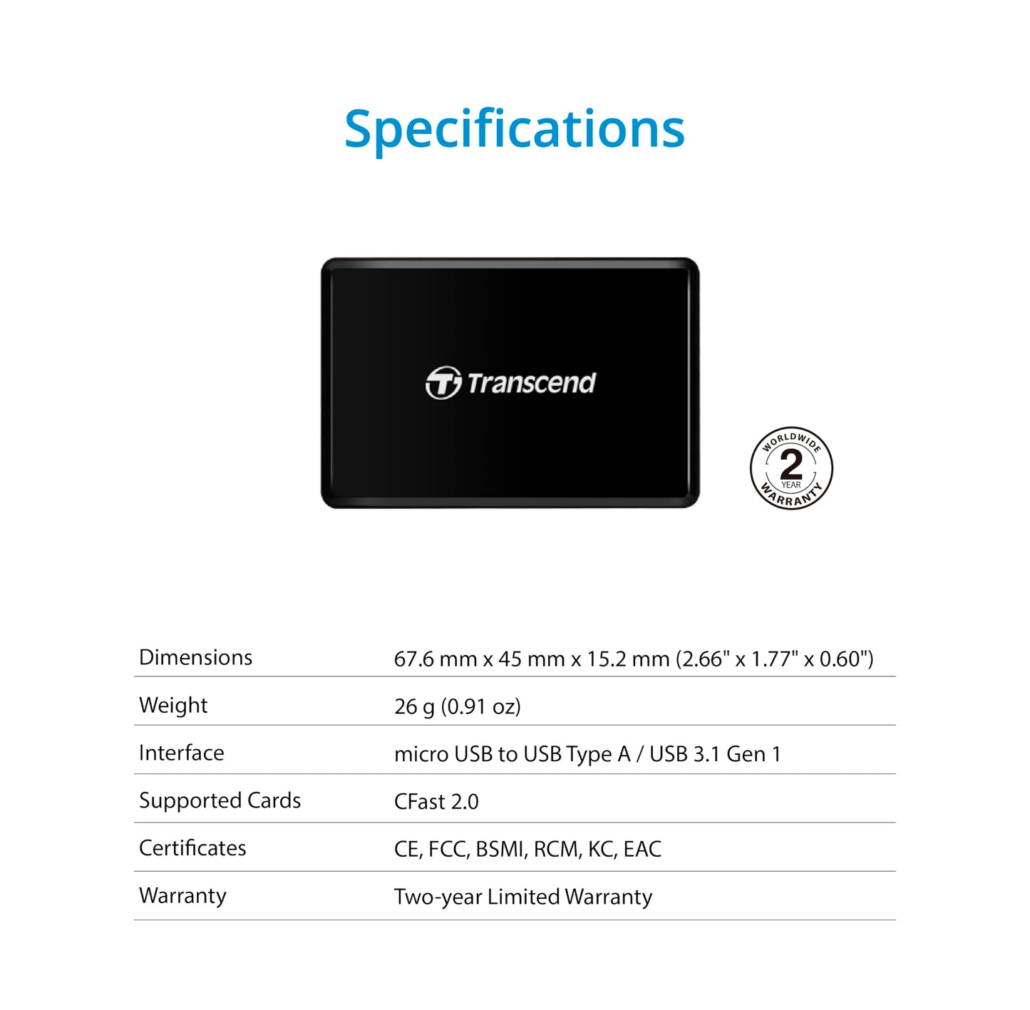 Transcend TS-RDF2 Cfast 2.0 USB 3.1 Card Reader