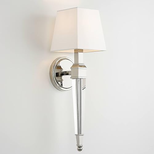 Possini Euro Design Irene Modern Wall Lamp Polished Nickel Silver Hardwired 6" Wide Fixture Mounted Clear Fluted Column Arm White Fabric Shade Bedroom