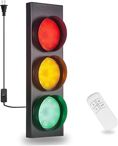 PANLAVIE Traffic Light Wall Lamp Remote Control Retro Kids Bedroom Stop Light, Plug in Industrial LED Wall Sconce, 18.5’’ Vintage Fun Signal Lights