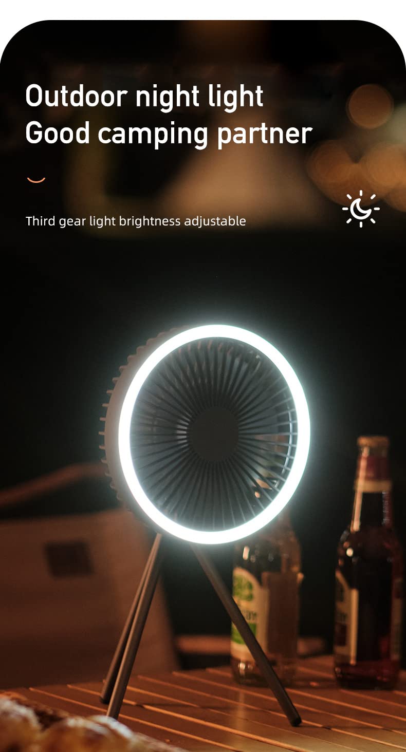 Fay Bless Tent Fan with A Tripod, Desk Fan with Light,18 * 18cm, 560g, 10000mAh, Work Time 27H (Gray)