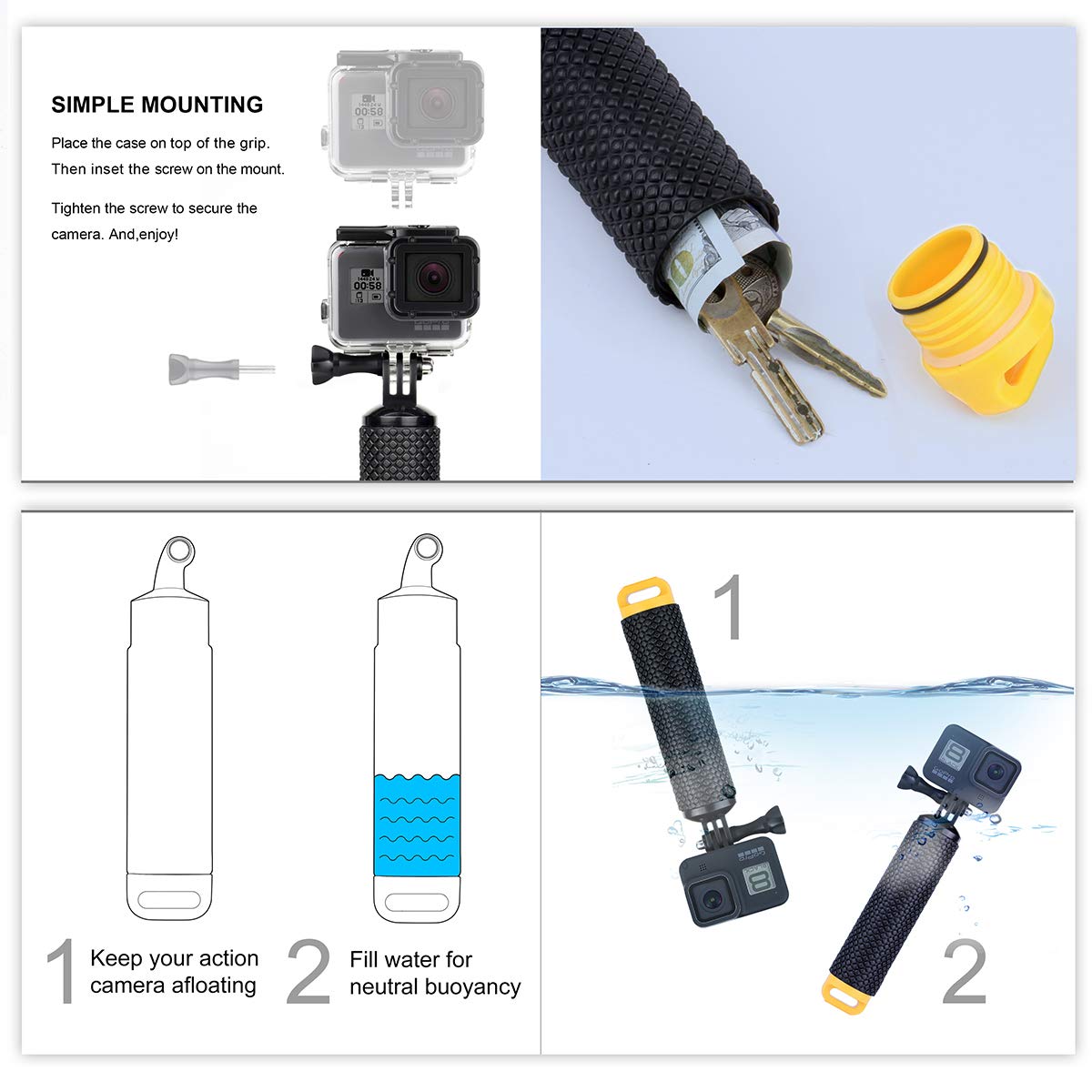 SOONSUN Waterproof Floating Hand Grip for GoPro Hero 13, 12, 11, 10, 9, 8, 7, 6, 5, 4, 3, 2, Session, Fusion, Max, AKASO, SJCAM, DJI Osmo Handler
